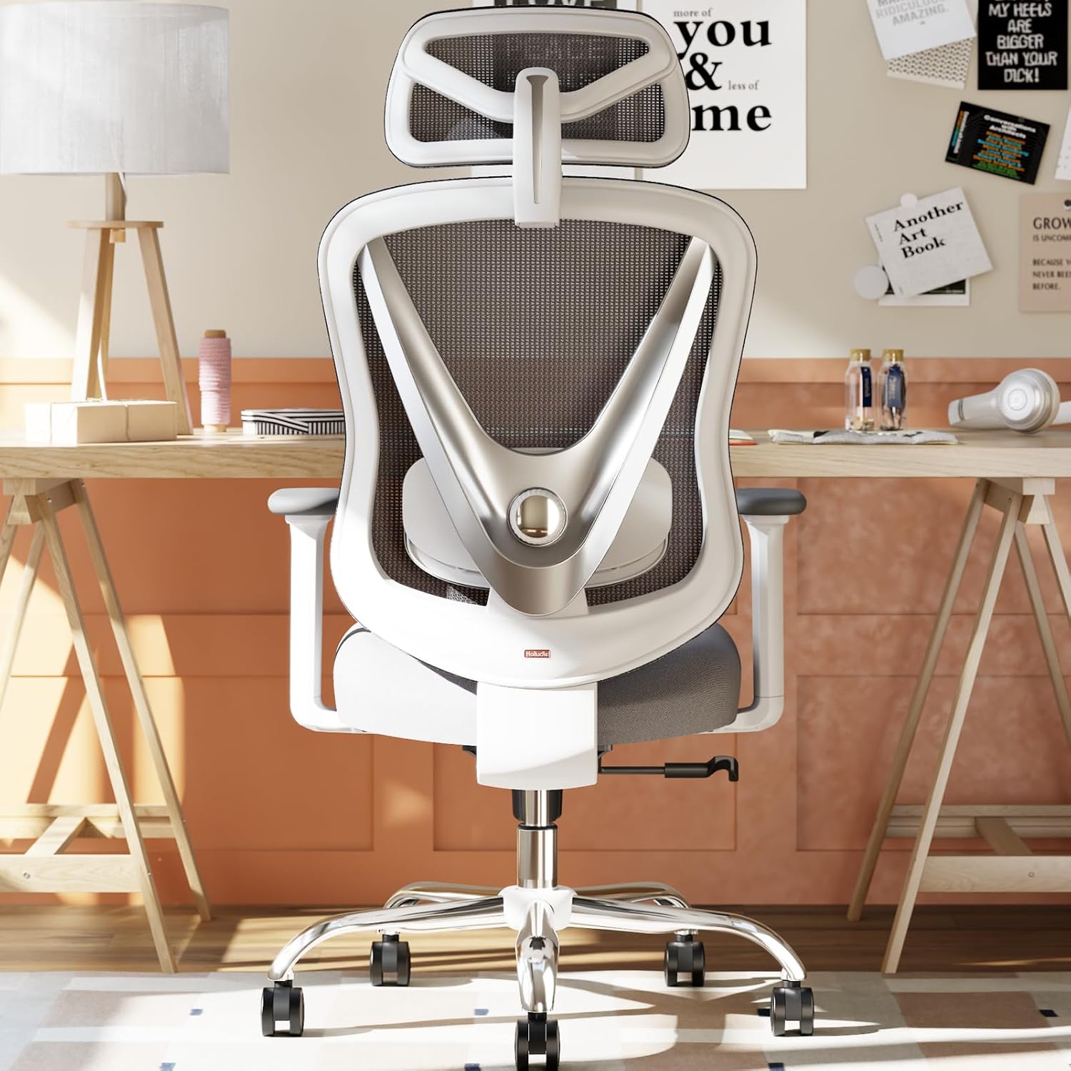 HOLLUDLE Ergonomic Mesh Office Chair - 3D Adjustable Lumbar Support &amp; 3D Armrests, V-Shaped Back, Adjustable Desk Chair for Office &amp; Home, White