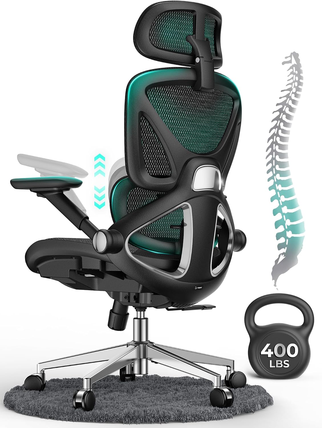 CAPOT Ergonomic Mesh Office Chair, Adjustable Lumbar High Back Desk Chair 400lbs, 4D Flip-up Arms, 3 Tilt Backrest, 3D Headrest, PU Wheels, Swivel Rolling Computer Chair for Long Desk Work - Black