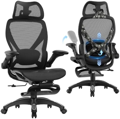 ELABEST X100 Ergonomic Mesh Office Chair with Footrest, Big and Tall Home Desk Chair with 5D Flip-Up Arms, Adjustable 3D Lumbar Support, Gaming & Executive Computer Chair (Foggy Morning)