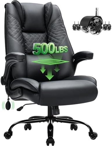 CIOMAN 500lbs Big and Tall Office Chair with Inflatable Lumbar Support, Rubber Wheels Executive Chair with Rocking Function, High Back Wide Cushion Ergonomic Desk Chair for All-Day Sitting, Black