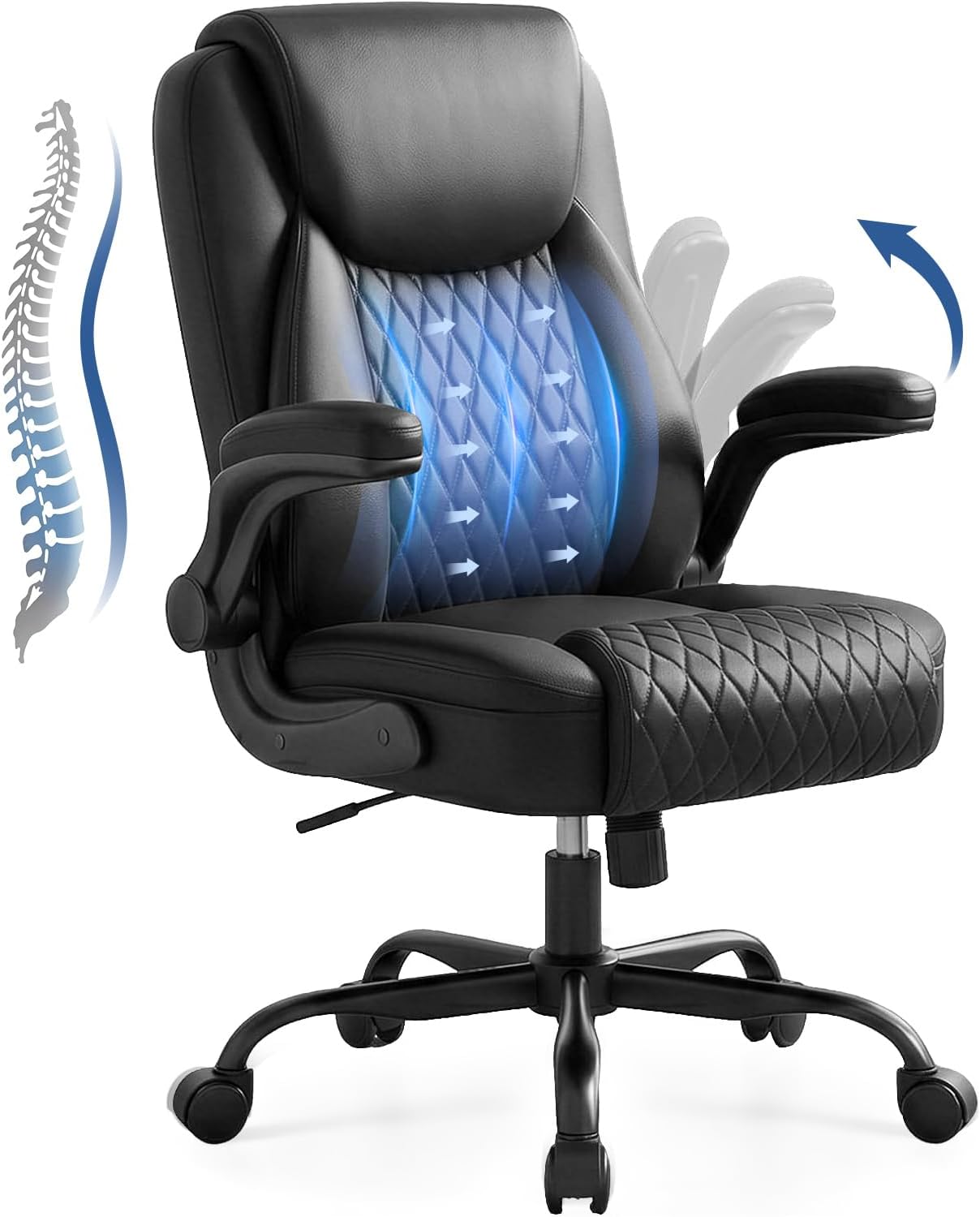 GTPOFFICE Executive Office Chair with Comfortable Lumbar Support, Ergonomic Gaming Chair with Flip-up Armrests and Zoned Pressure-Relief Cushion, Comfy PU Leather Desk Chair, Black