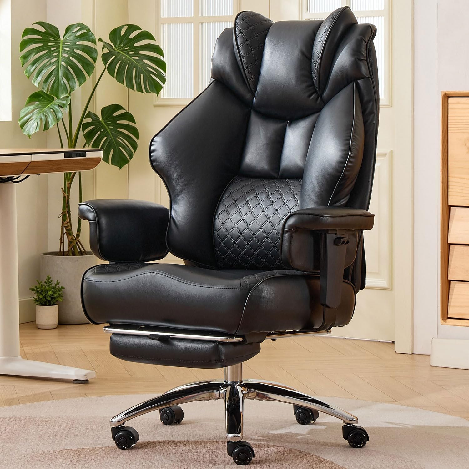 CIOMAN 500lbs Big and Tall Office Chair Adjustable Lumbar Support, Extra Wide Seat Ergonomic Gaming Chair with Footrest, Heavy Duty High Back Executive Leather Computer Desk Chair, Black