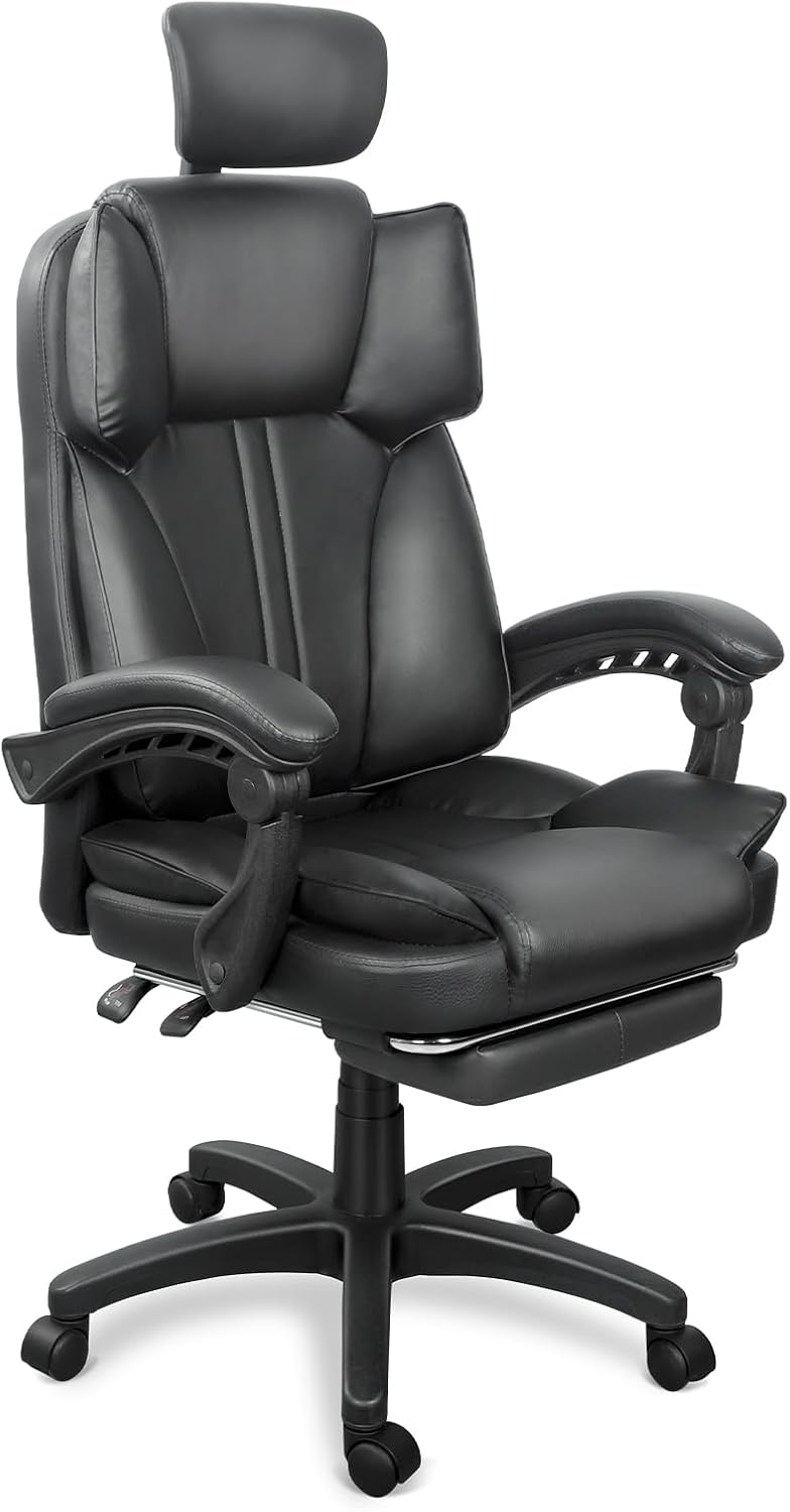 ERGOSEAT Leather Office Chair with Footrest, Executive Chair (Black)