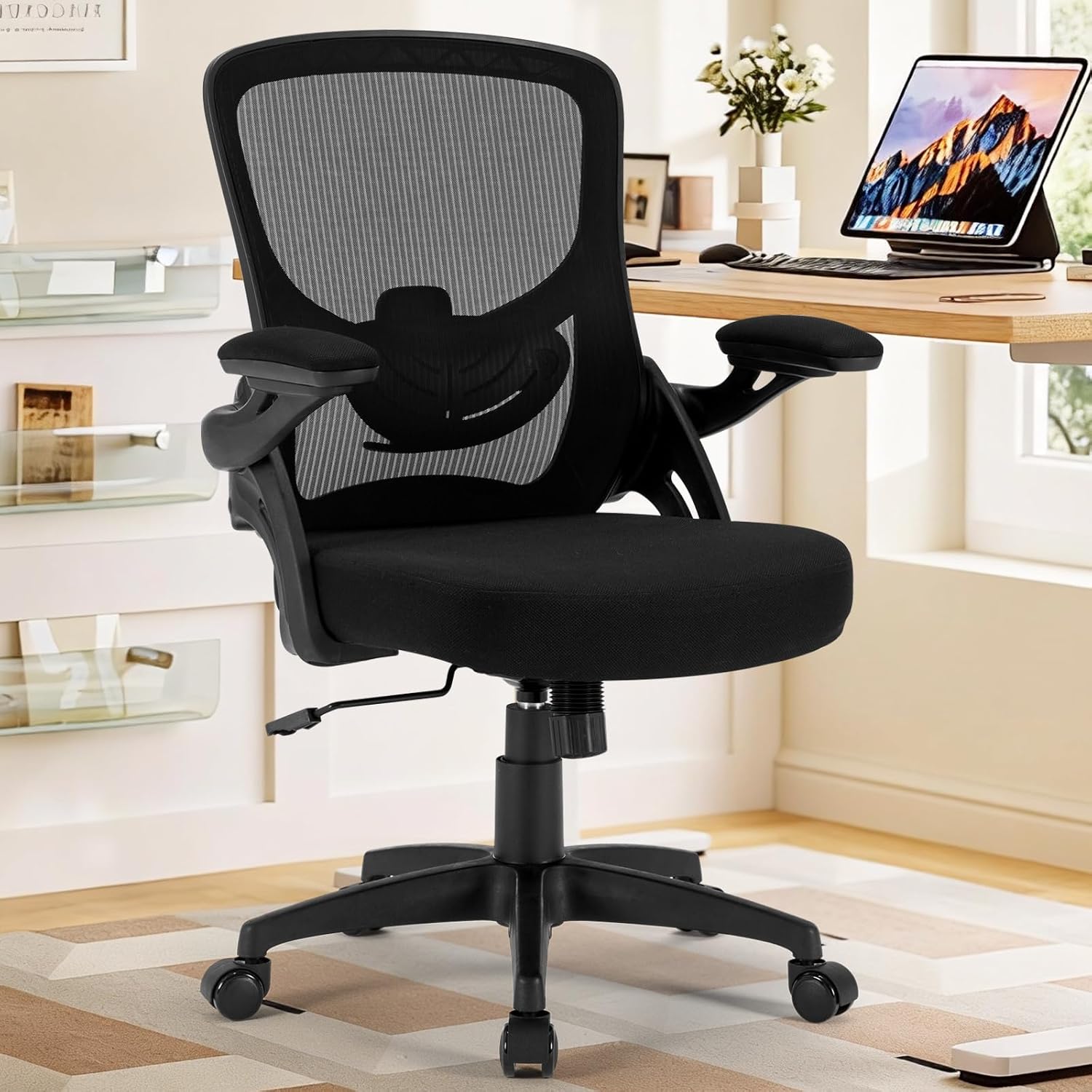 Office Chair, Ergonomic Desk Chair with Adjustable Lumbar Support Breathable Mesh Computer Chair with Flip-up Armrests, Comfy Mid Back Rolling Swivel Executive Chair for Home Office, Black